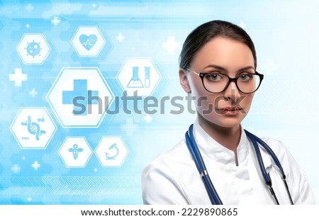 Woman doctor on blue and white futuristic background with medicine symbols