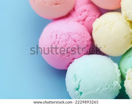 various flavors of ice cream scoops on sky blue background
