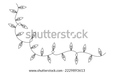 One continuous line drawing of Christmas garland with light bulbs. Festive festoon xmas string and divider border in simple linear style. Editable stroke. Doodle vector illustration