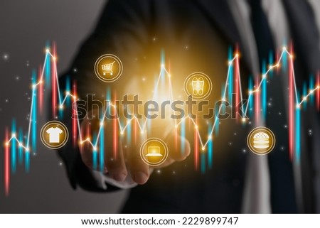 Businessman Hand and Finger Press or Touch Center Color Stock Graph and Online Products Icon, Bar Chart and Line Graph. Consumer Discretionary, Financial, Economics, Business and Technology Concept