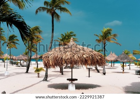 An umbrella in the wind on a beach with palm trees.