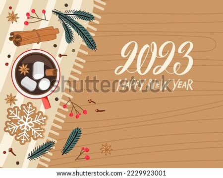 Happy New Year greeting. Top view table. Hot drink cup standing on napkin. Hot chocolate, gingerbread, cinnamon, clove. Winter flat Vector illustration in flat style with calligraphy lettering. Royalty-Free Stock Photo #2229923001