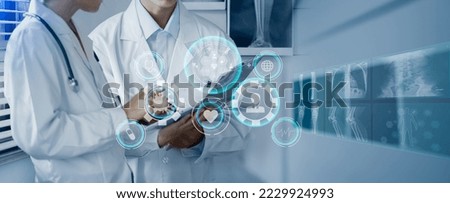 Double exposure of healthcare And Medicine concept. Doctor working with modern virtual screen interface icons and hospital background.