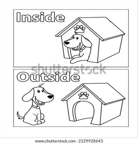 Vector antonyms and opposites. Illustrations on white background. Card for dog сan be used as a teaching aid for a foreign language learning. Inside and Outside.