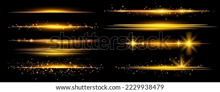 Gold line flare set, cosmic shiny sparkle collection, vector yellow lights, magic glowing dust. Abstract beam kit, orange space ray flash, game energy effect illustration. Gold line glitter elements Royalty-Free Stock Photo #2229938479