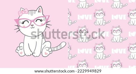 Pattern with cute cats. Kittens have rose-colored glasses. The charming kittens.