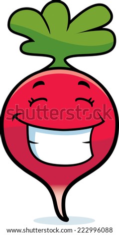 A cartoon illustration of a radish smiling and happy.