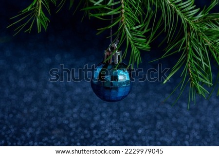 Blue Christmas decoration on a fir branch on a blue shiny Christmas background