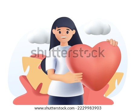 feeling of self love, self respect. woman holds heart in her hand. Positive emotions and harmony with yourself. kind volunteer girl cares. self help and self care. Vector illustration of girl heart