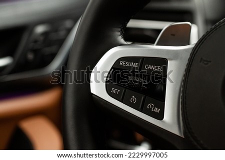 Cruise control switch closeup. Adaptive cruise control leaver. Cruise control on steering wheel. Royalty-Free Stock Photo #2229997005