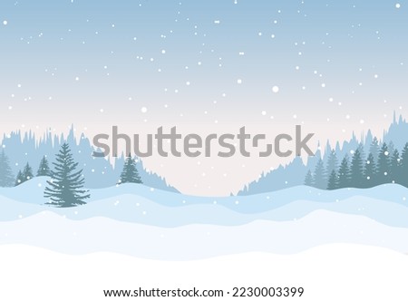 Silhouettes of spruce trees on a snowy blue background.Snowdrifts.Spruce tree forest