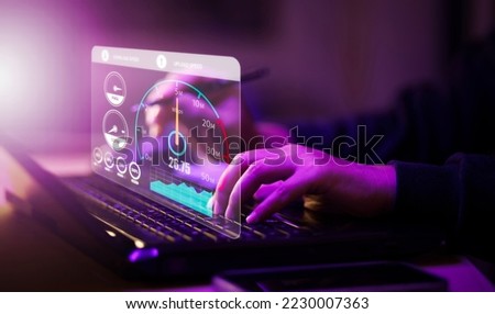 Fast internet connection with Metaverse technology concept, Hand holding smartphone and Virtual screen of Internet speed measurement,Internet and technology concept, 5G Hi speed internet concept Royalty-Free Stock Photo #2230007363