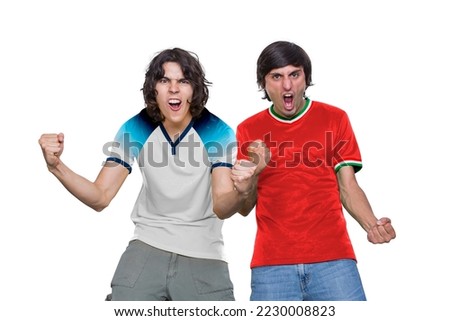 Two Soccer fans man with jersey and face painted with the flag of the England and IR IRAN teams screaming with emotion on white background. Royalty-Free Stock Photo #2230008823