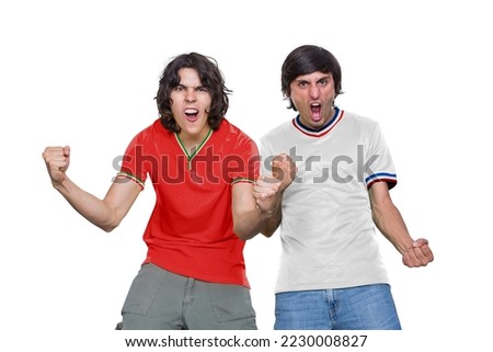 Two Soccer fans man with jersey and face painted with the flag of the IR IRAN and USA teams screaming with emotion on white background. Royalty-Free Stock Photo #2230008827