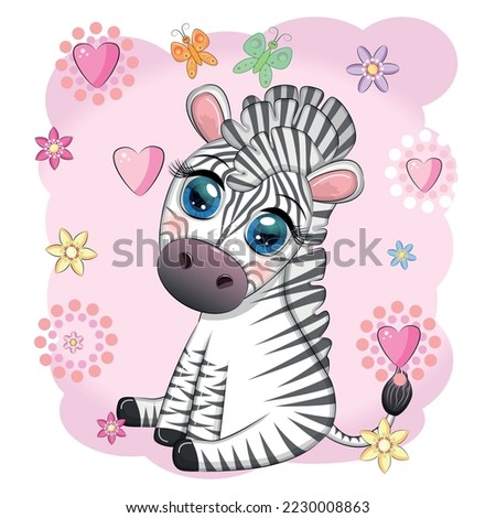 Cute cartoon zebra sits in flowers. Childish striped character, African animals.