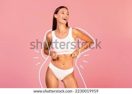 Body Care Concept. Happy Young Woman With Slim Body In Underwear Posing Over Pink Background, Joyful Millennial Female With Silhouette Outlines Around Figure Enjoying Result Of Weightloss, Collage