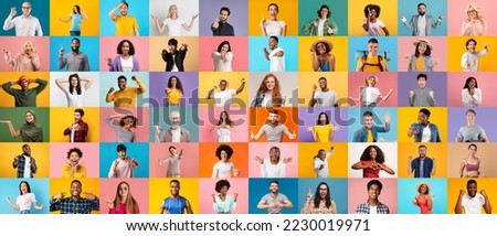 Collage with faces of diverse happy multiethnic people standing over colorful backgrounds, different multicultural men and women expressing positive emotions while posing over bright backdrops Royalty-Free Stock Photo #2230019971