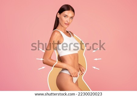 Young Slim Woman In Underwear Demonstrating Result Of Weight Loss, Smiling Beautiful Female With Drawn Silhouette Around Her Figure Standing Isolated On Pink Background, Collage With Copy Space