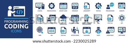 Programming coding icon set. Software development icon collection. Programmer and developer symbol vector illustration. Royalty-Free Stock Photo #2230025289