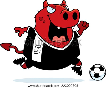 A cartoon illustration of a devil playing soccer.