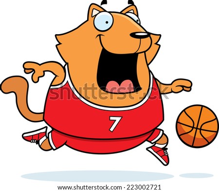 A cartoon illustration of a cat playing basketball.