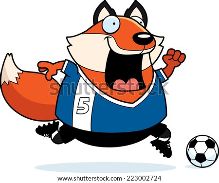 A cartoon illustration of a fox playing soccer.