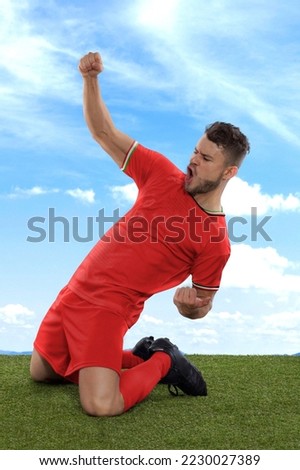 Professional soccer player with a red IR IRAN national team jersey shouting with excitement for scoring a goal with an expression of challenge and happiness on field grass and cloud background Royalty-Free Stock Photo #2230027389