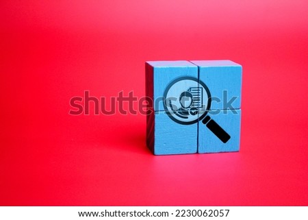 colored wooden cube with magnifying glass icon and man inside for buyer persona, customer target concept. Profile or psychological characteristics of the buyer or customer Royalty-Free Stock Photo #2230062057