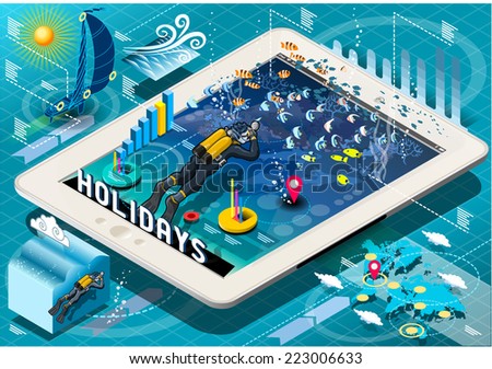 Isometric Fish Diving Holidays Ocean Infographic on Mobile Tablet. Vector 3D Isometric Diving Infographic Ocean Fish
