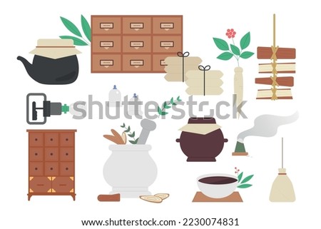 Tools and medical supplies for oriental medicine making. flat vector illustration. Royalty-Free Stock Photo #2230074831