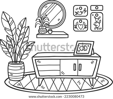 Hand Drawn shelf with plants on carpet interior room illustration isolated on background