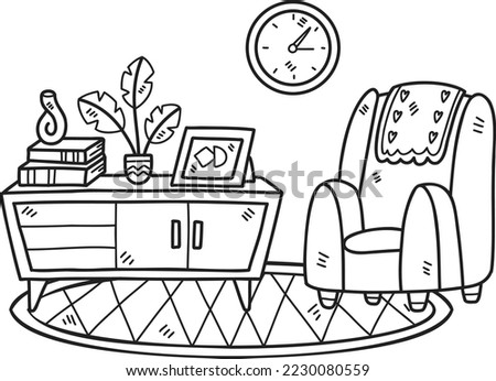 Hand Drawn sofa and shelves interior room illustration isolated on background