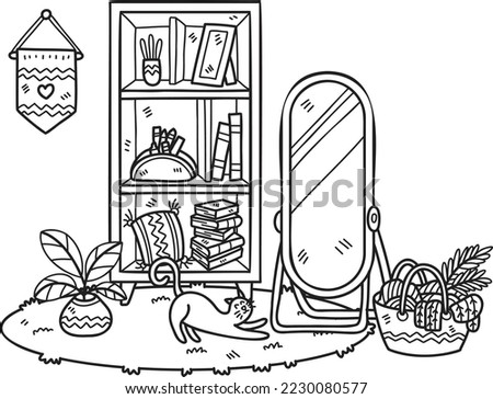 Hand Drawn mirror and bookcase interior room illustration isolated on background