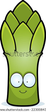 A cartoon illustration of an asparagus spear smiling.