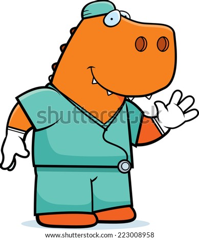 A cartoon illustration of an dinosaur doctor in scrubs.