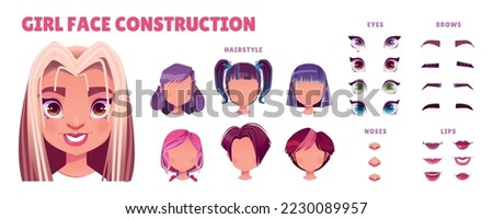 Woman face constructor, avatar of caucasian female character creation heads, hairstyle, nose, eyes with eyebrows and lips. Facial construction elements isolated on white background, cartoon vector set Royalty-Free Stock Photo #2230089957