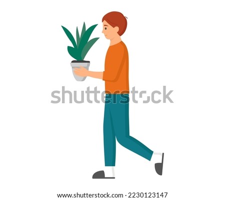 Teenager carries plant in pot taking care of houseplants. New family home concept, moving and rearranging items in interior. Cartoon boy isolated on white background standing with potted green bush