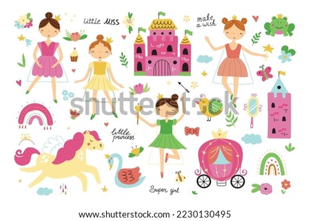 Collection of princesses with golden crown, castle, tower, pegasus, frog and swan. Hand drawn children's illustration.