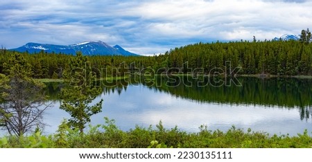 Panoramic Snafu Lake boreal forest taiga landscape in Agay Mene Territorial Park, Yukon Territory, YT, Canada Royalty-Free Stock Photo #2230135111