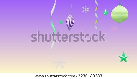 Image of new year and christmas decorations on purple background. New year's eve, celebration and festivity concept digitally generated image.