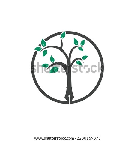 Tree pen vector logo design template. Writer and nature logo concept.	