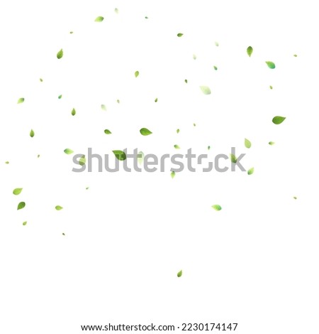 Leaves Green Falling. Spring Flying Foliage. Chaotic Leaf On White Background. Ecology Design, Nature Elements. Spring Sale Vector Illustration. Greenery Environment Backdrop.