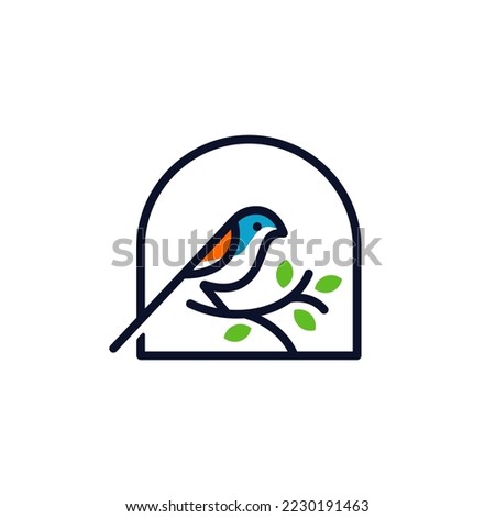 Line style logotype with a bird on a branch. bird logo vector icon template monoline color line art outline
