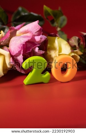 Cut roses on a red background with 20% off on black friday.