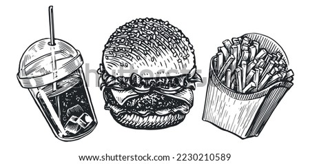Fast Food set sketch. Burger, french fries and cola with ice in cup. Street food or takeaway vector illustration