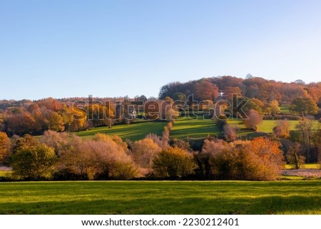 Colorful Autumn landscape of hilly countryside in Zuid-Limburg, Small houses on hillside with sunlight in the morning, Epen is a village in southern part of the Dutch province of Limburg, Netherlands.
