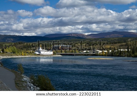 View of the Yukon River and paddlewheeler S.S. Klondike. Whitehorse, Yukon, Canada Royalty-Free Stock Photo #223022011
