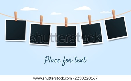 Blank set photo picture frames on blue sky background. Retro snapshots, instant photos mockup hanging on a thread. Banner with place for text. Photo template. Vector illustration Royalty-Free Stock Photo #2230220167