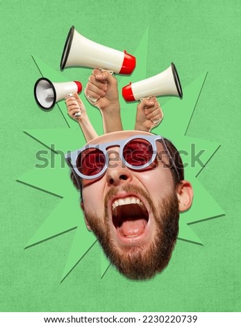 Contemporary art collage. Creative design. Young man with many megaphones appearing from head symbolizing fake news and propaganda. Concept of surrealism, creativity, imagination, thoughts