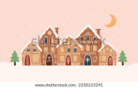 Gingerbread houses christmas scene. Cute vector illustration in flat cartoon style Royalty-Free Stock Photo #2230223241